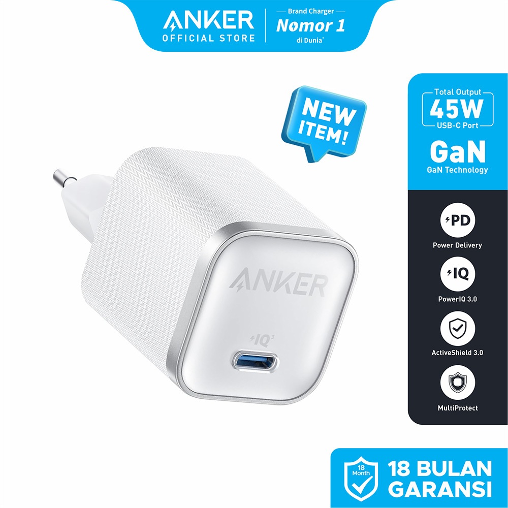 Anker GaN Nano Charger 45W Type C Fast Charging, Compact USB-C Fast Charger Adaptor Wall Charger For
