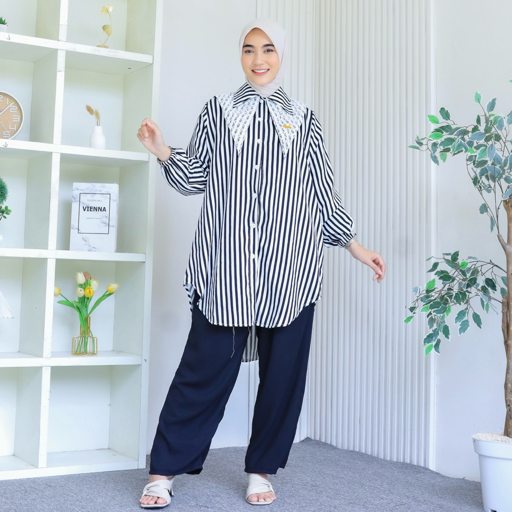 Bafala LD 140 130 120 One Set JUMBO L-5XL Big Size | Setelan Long Tunik Salur mix Brokat Diamond + C