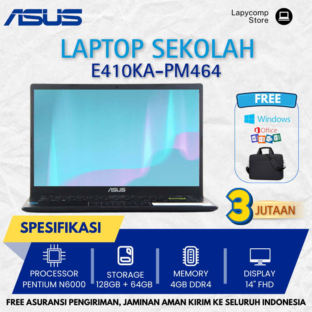 Laptop Pelajar 3 Jutaan Asus E410KA-PM464 Intel Pentium N6000 Ram 4GB 64GB EMMC+128GB SSD 14"Full HD