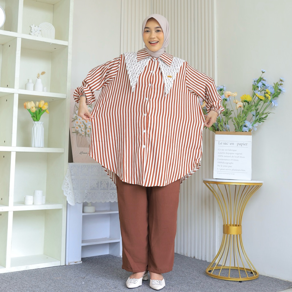 Bafala LD 140 130 120 One Set JUMBO L-5XL Big Size | Setelan Long Tunik Salur mix Brokat Diamond + C