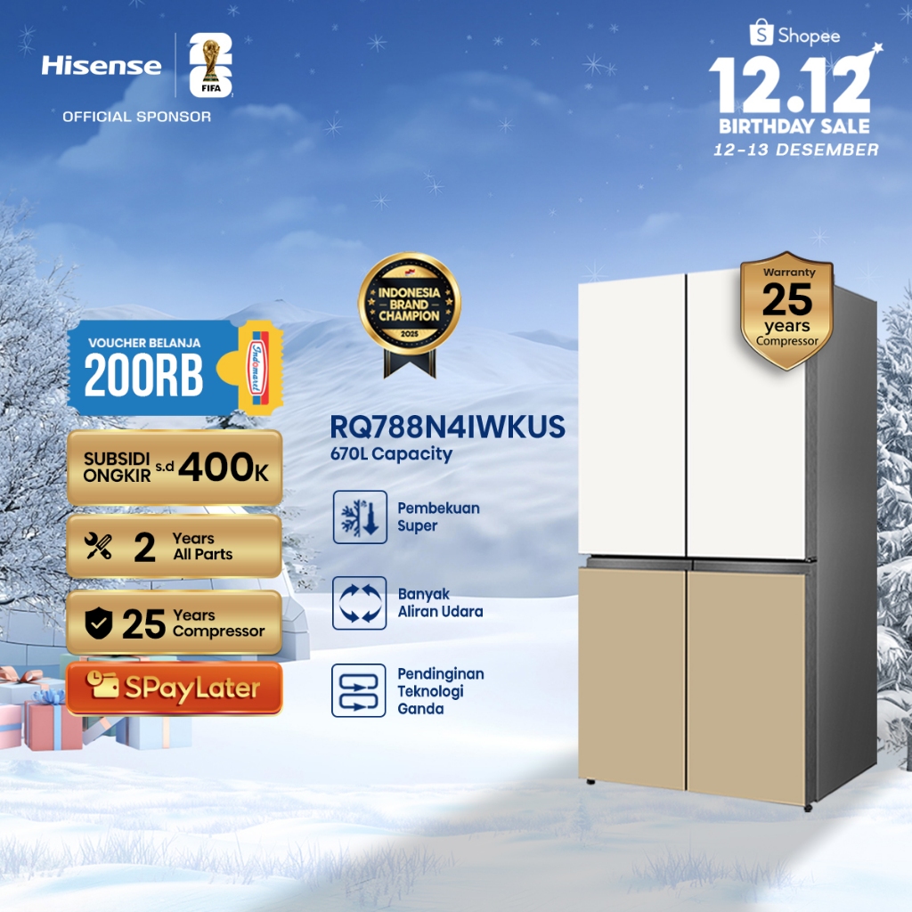 Hisense Kulkas RQ788N4IWKUS Refrigerator 4 Pintu Kapasitas 670L Warna Putih Glass Door Inverter Pro 