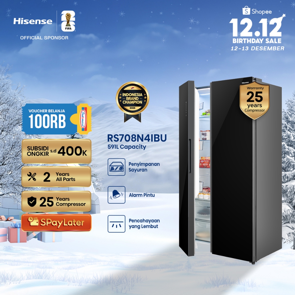Hisense Kulkas RS708N4IBU Refrigerator Side By Side Kapasitas 591L Warna Hitam Inverter Tanpa Bunga 