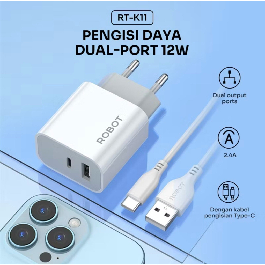 ROBOT RT-K11 Charger Fast Charging Dual Port 12W with Type C Cable 2.4A Adaptor Kepala Charger Adapt