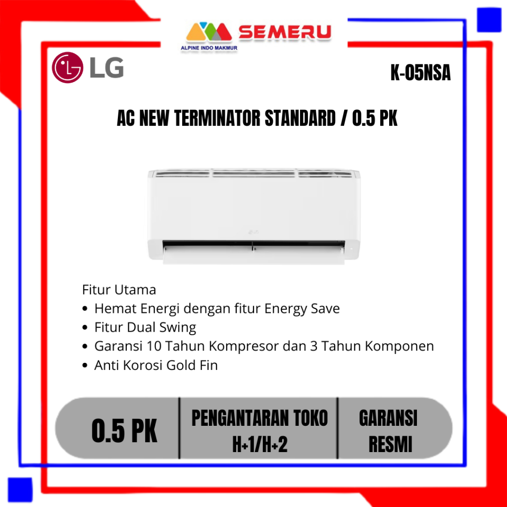 LG AC NEW TERMINATOR STANDARD / 0.5 PK K-05NSA UNIT INDOOR+OUTDOOR (BLM PEMASANGAN) KHUSUS MAKASSAR