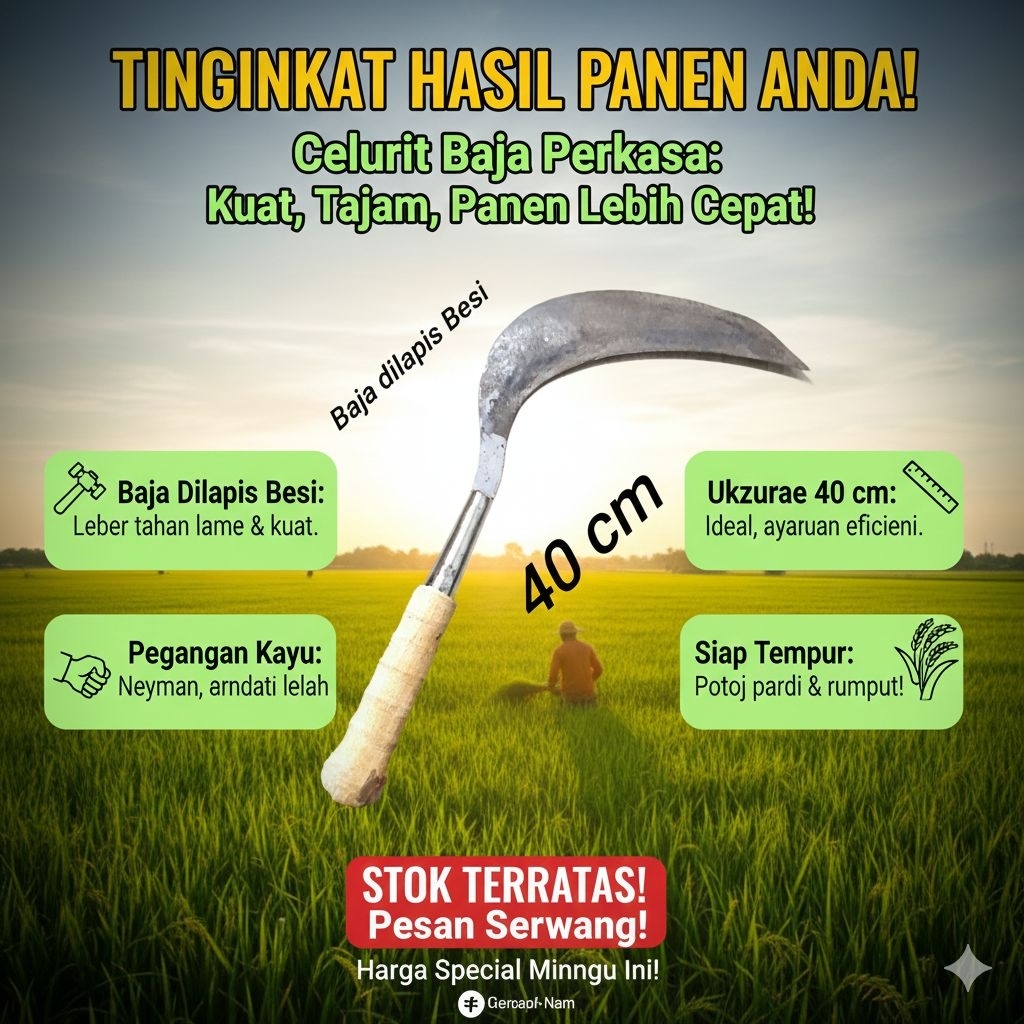 Aret super Alat Berkebun sabit Bahan Baja Lapis Besi Panjang 40 cm Kuat Tahan Karat Gagang Kayu Keni
