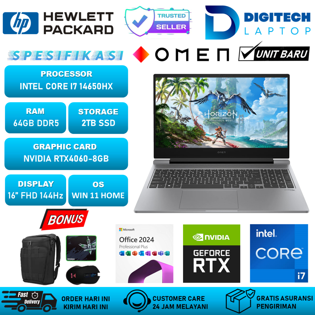 Laptop HP Omen Intel Core i7 14650HX RAM 64GB 2TB SSD RTX4060-8GB 16" FHD IPS 144Hz Windows 11 Home