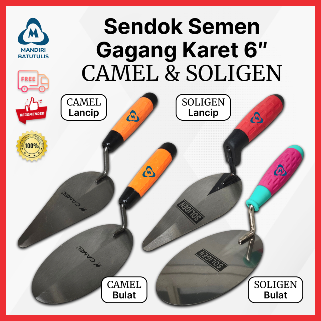 Sendok Semen Gagang Karet 6 Inch CAMEL Lancip Bulat dan SOLIGEN Lancip Bulat - Cetok Sekop Skop Tana