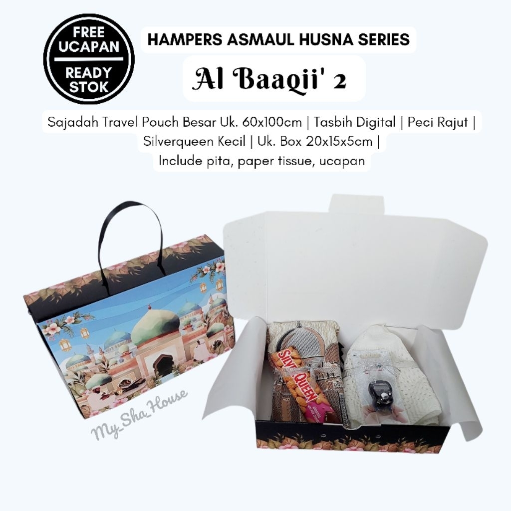 PAKET AL BAAQII'. Hampers Kado Hadiah Gift Box Souvenir Parcel Sajadah pouch besar tasbih peci silve