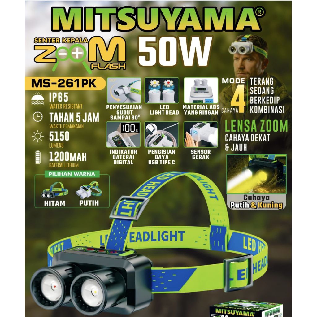 Senter Kepala MS-261 2 Cahaya Putih Kuning Bisa Zoom - Senter Dua Cahaya