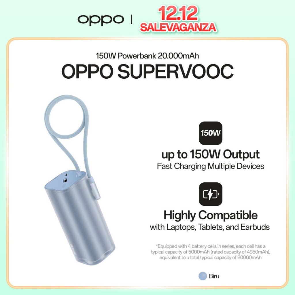 OPPO SUPERVOOC 150W Power Bank PBSV07 Light Blue [Up To 150W Output, 20.000mAh Huge Capacity Power, 