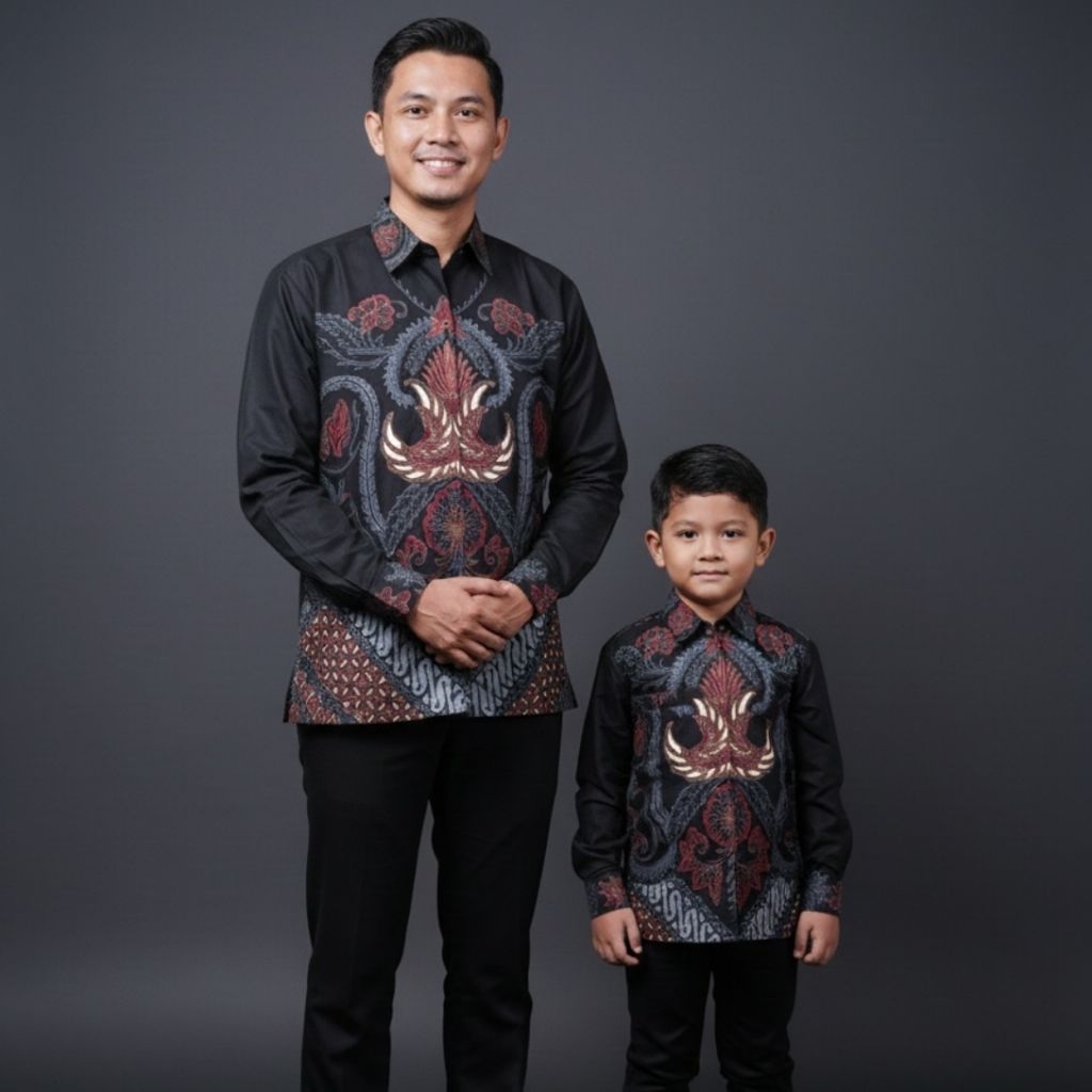 BATIK COUPLE SERAGAMAN BAPAK DAN ANAK KATTUN SOLO FURING HITAM