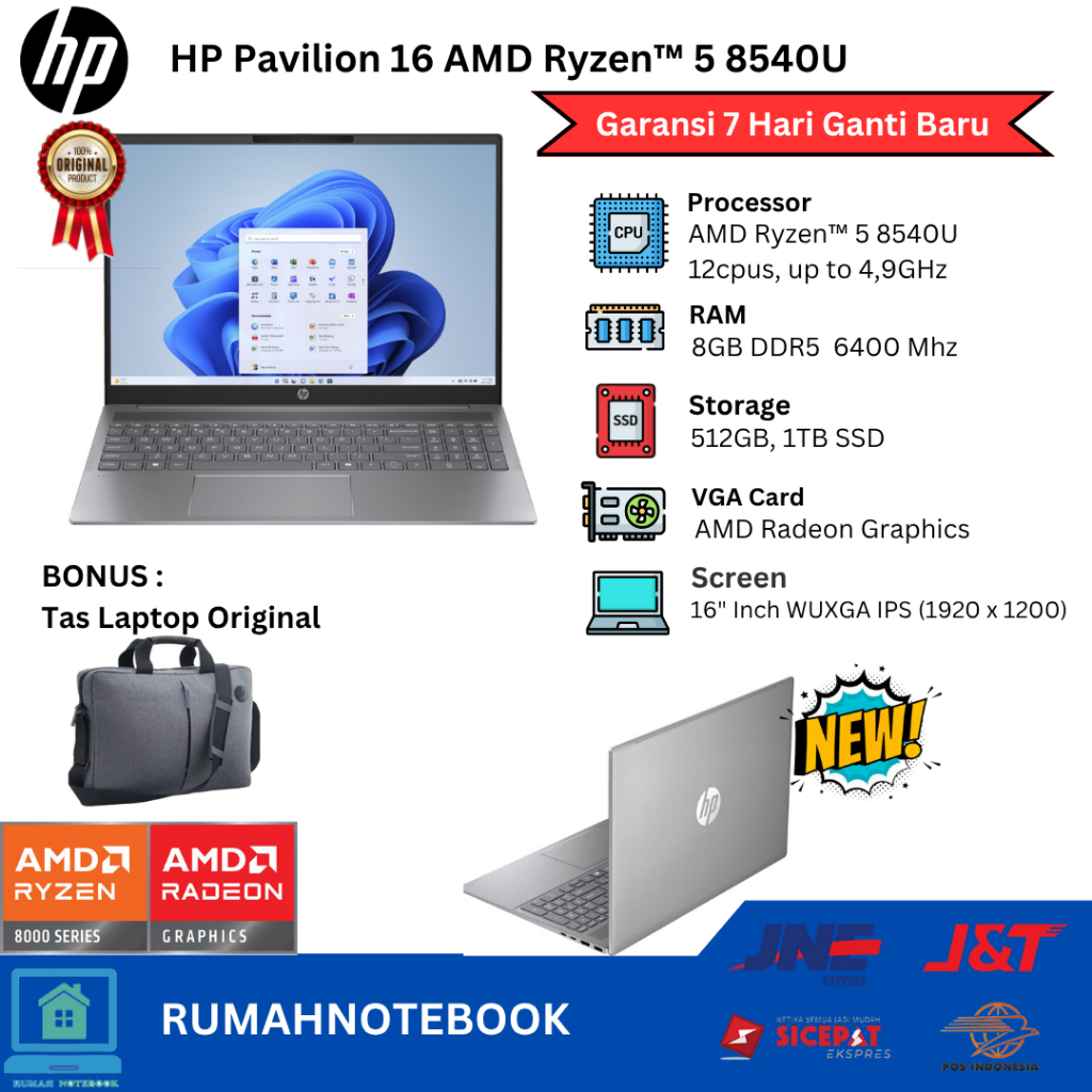 Laptop Baru  HP PAVILION 16 AMD Ryzen 5 8540U 12CPU 4,9GHZ | AMD Ryzen 7 8840U 16CPU 5.1GHZ