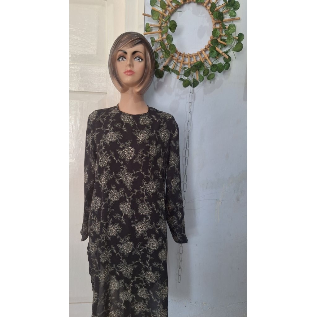 baju atasan tunik lengan panjang hitam batik bunga vintage size remaja dewasa