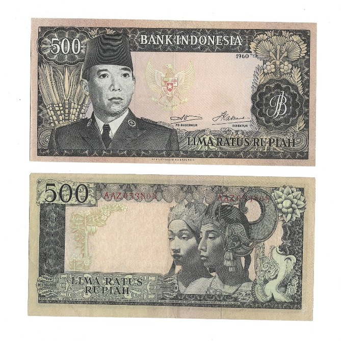 Uang kuno Indonesia 500 Rupiah 1960 Seri Soekarno Watermark Buffalo