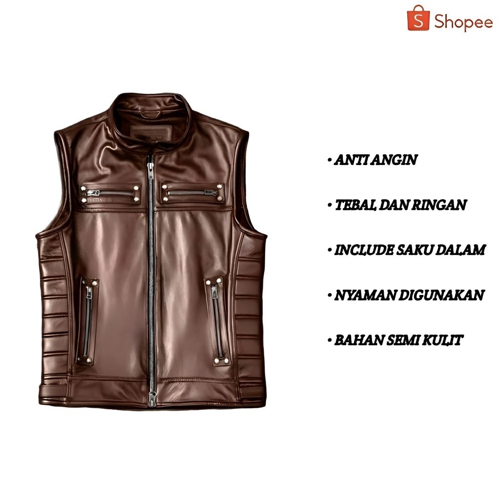 Jaket Rompi Kulit Pria Kualitas Distro Tebal | Vest Motor Touring Anti Angin