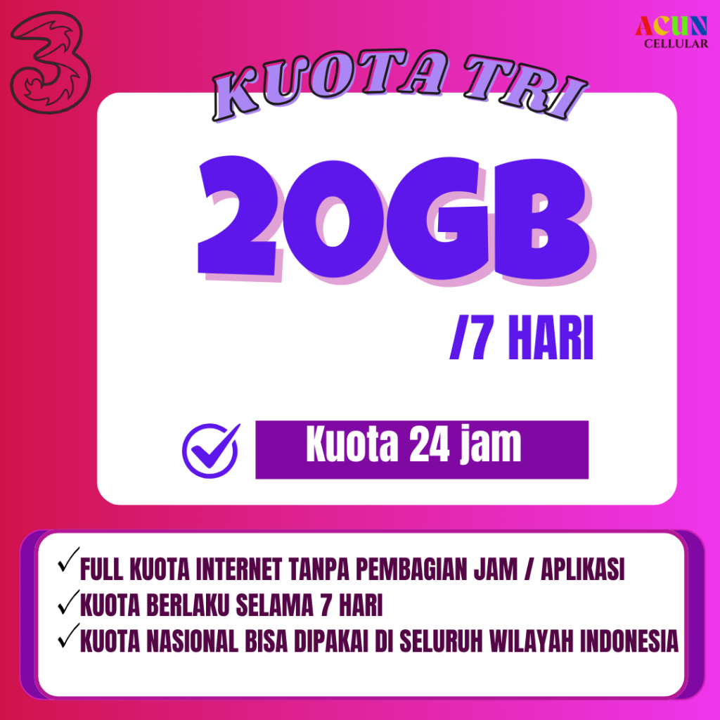 Kuota Tri HARIAN 20GB 7 HARI TERMURAH PROMO FULL 24 JAM