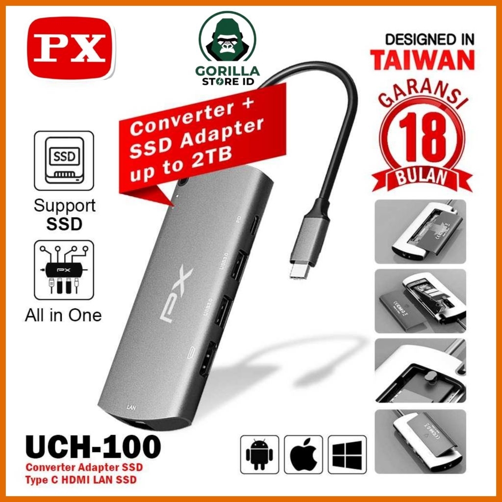 PX UCH-100 Converter Adapter SSD 2TB Type C to USB HDMI LAN 6 In 1
