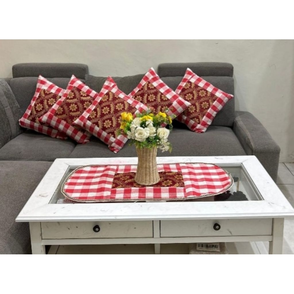 satu set sarung bantal sofa taplak meja tamu kain Tenun ATBM tradisional