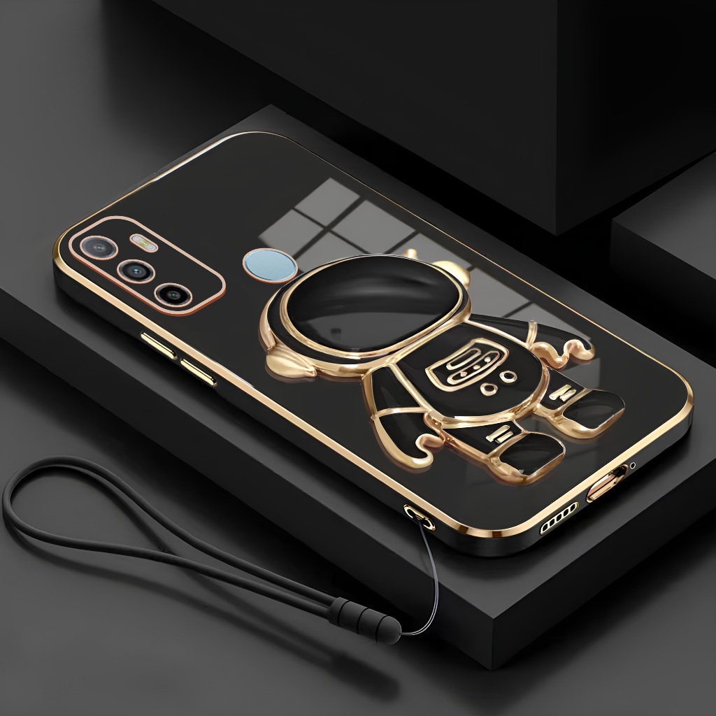 Soft Case Oppo A53 A33 A53s 4G 2020 Casing Dudukan Lipat Astronot Plating Free Tali Lanyard