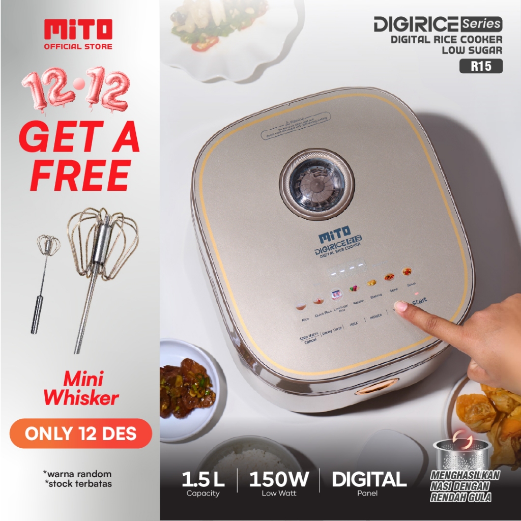 MITO Digital Rice Cooker 1.5 Liter R15 - Rice Cooker Low Sugar dengan 8 Menu Preset, Inner Pot Anti 