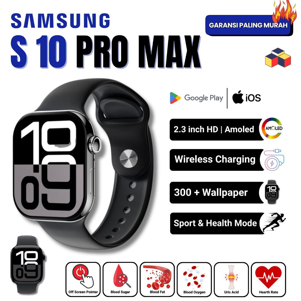 SmartWatch Samsung S10 PRO MAX | 2.3" AMOLED HD | Wireless Charging | Bluetooth | Jam Tangan Pria