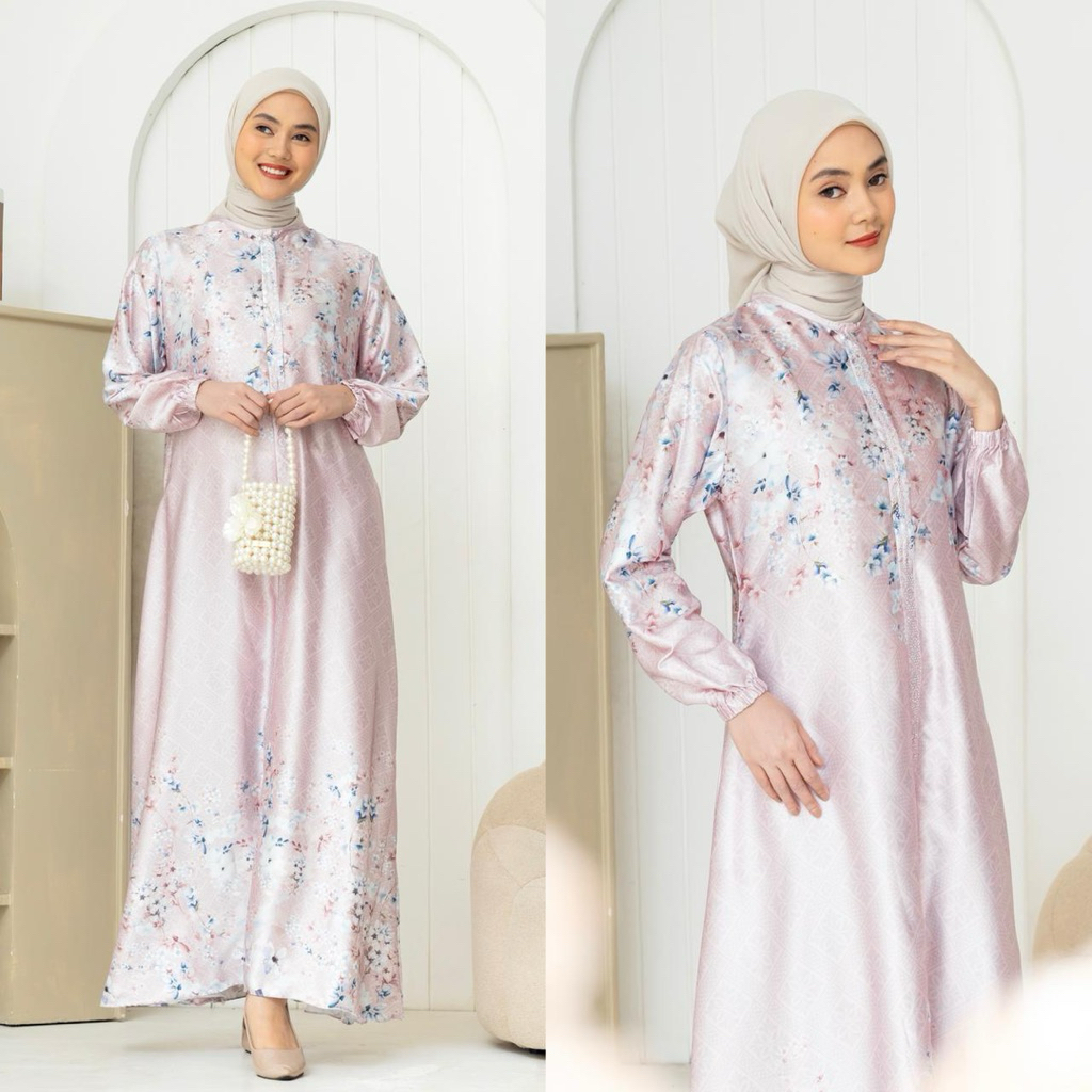 Melani Dress || Gamis armany silk Terbaru / Gamis Silk Semi Sutra / Gamis Motif Bunga Mewah Ready Ju