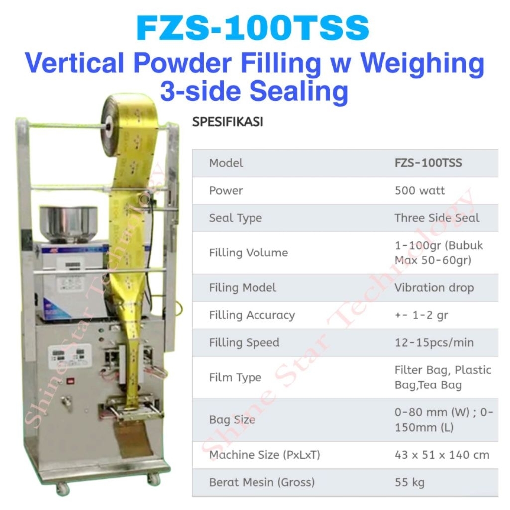 WIRAPAX Granule Semi Powder Sachet Machine FZS-100TSS (3-side) & FZS-100BS (back side) Mesin Sachet 