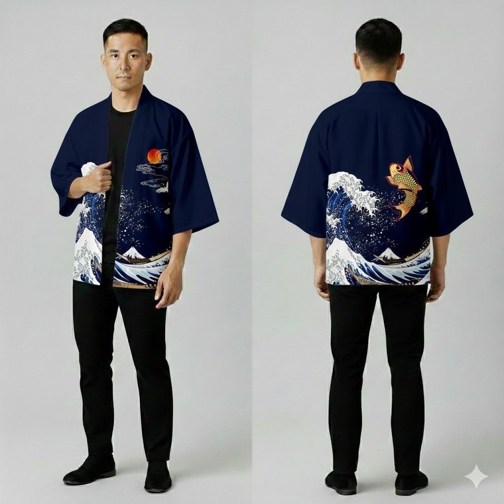 Kimono Haori Polyester Motif Koi Wave Navy Blue Premium