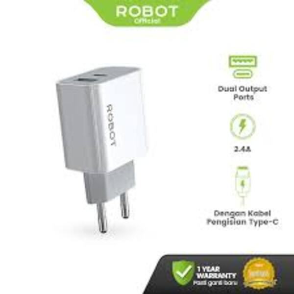 ROBOT Charger Fast Charging Dual Port 12W with Type C Cable 2.4A Adaptor Kepala Charger Adaptor Kepa