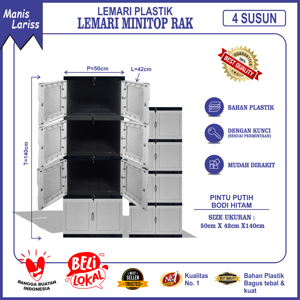 Lariss Maniss Lemari Pakaian Lemari Plastik 4 Susun Full Kunci MInimalis  HK MINI TOP TANPA KACA FUL