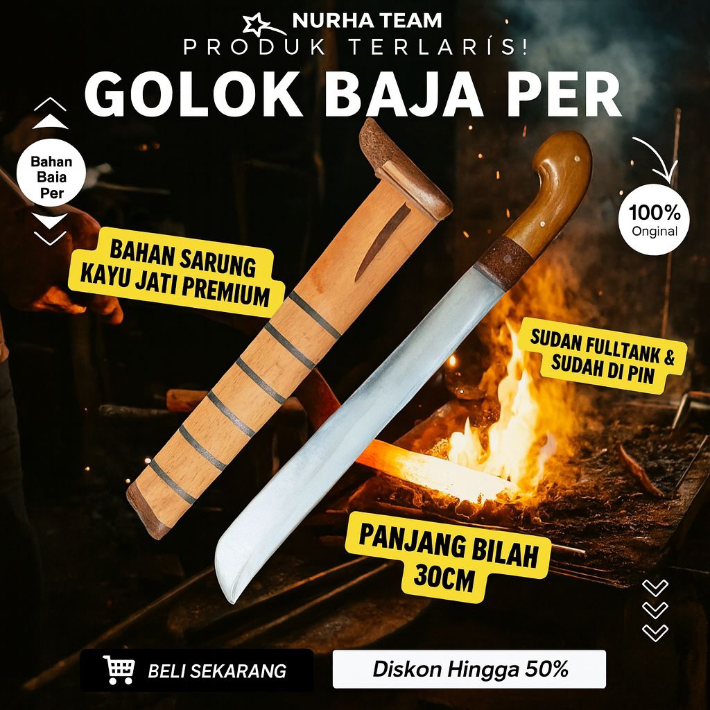 Golok Kebun Berkualitas — Gagang di Pin, Sarung Kayu Jati