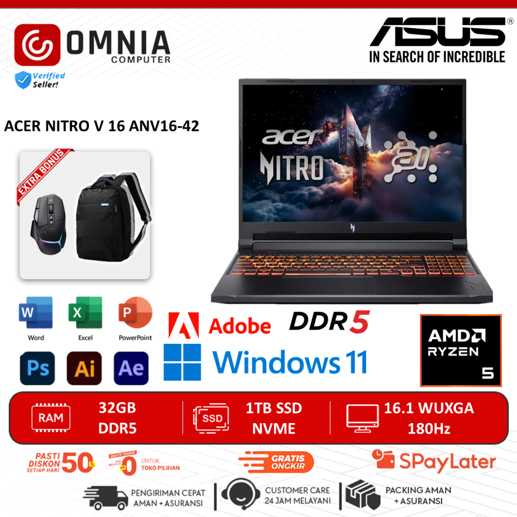 Laptop Gaming Acer NItro V 16 ANV16 AMD Ryzen 5 240 32GB DDR5 1TB SSD Wuxga Ips 180Hz Win 11 Baru