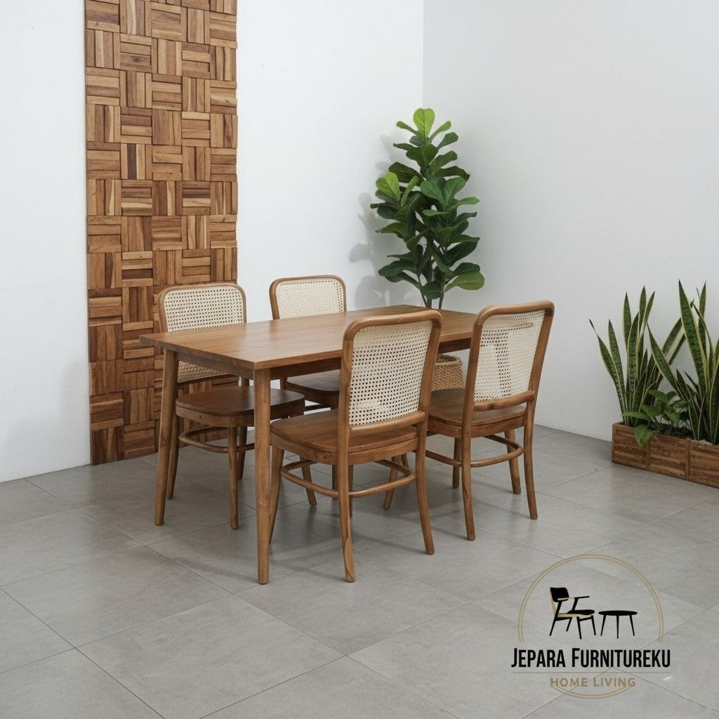 Set meja makan jati minimalis retro rotan / kursi cafe kevin / meja makan jati jepara