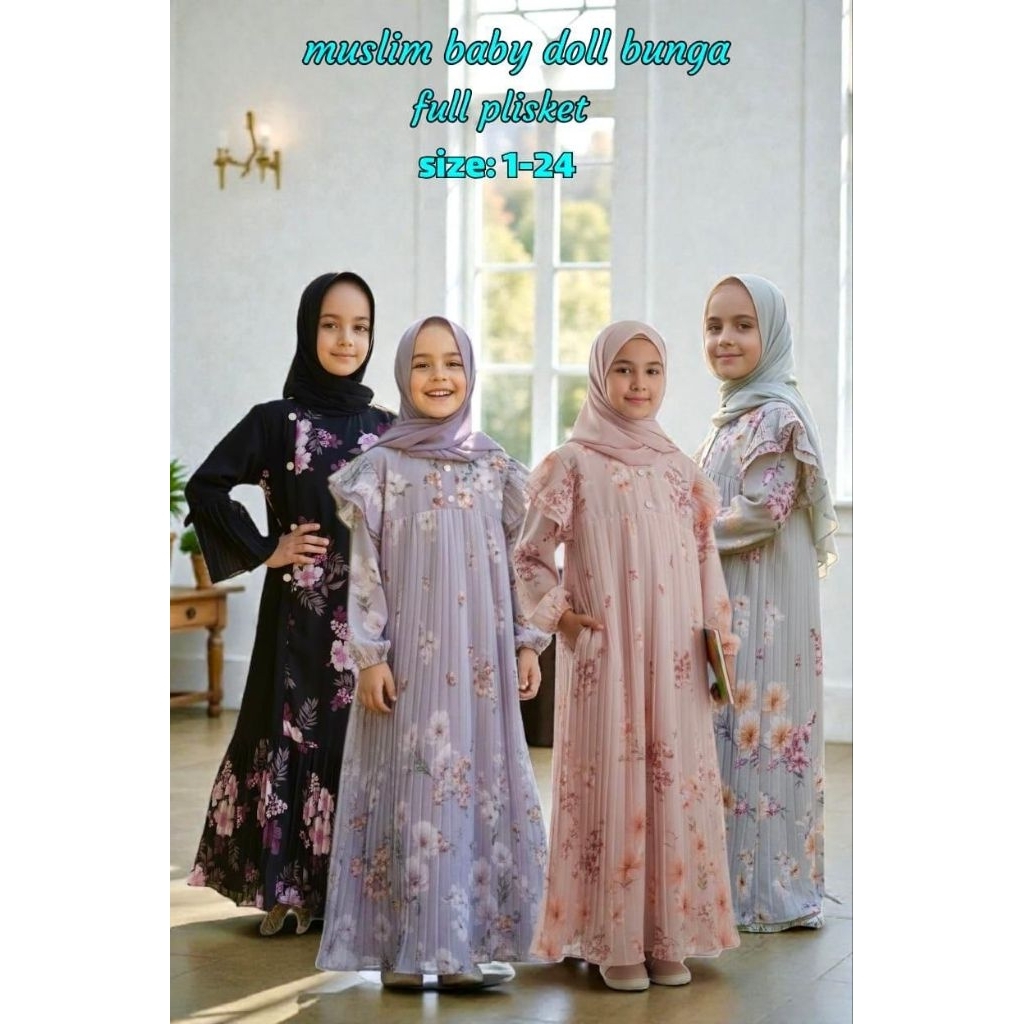 Gamis Plisket Anak set hijab pashmina motif dan model terbaru