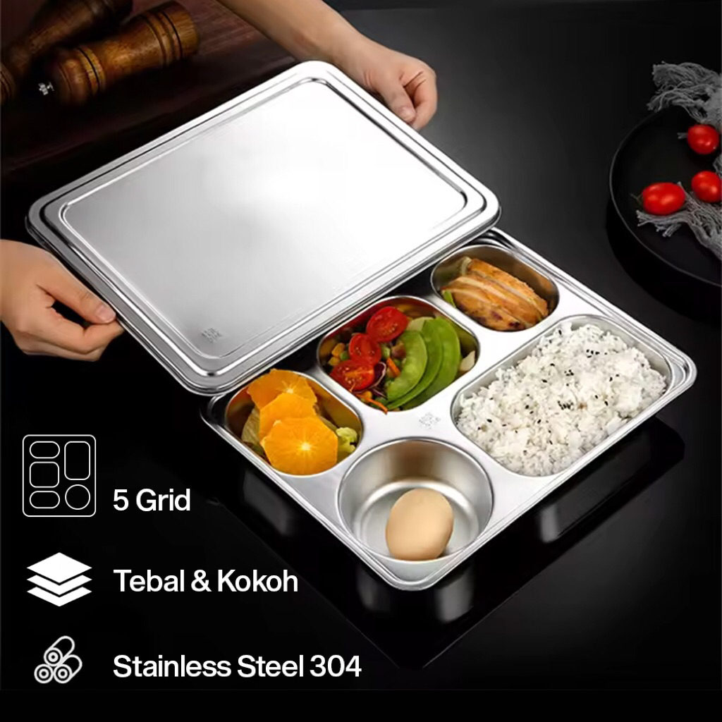 kotak makan fast food tray container stainless steel-304 5 Grid / bento box rice catering / tempat p