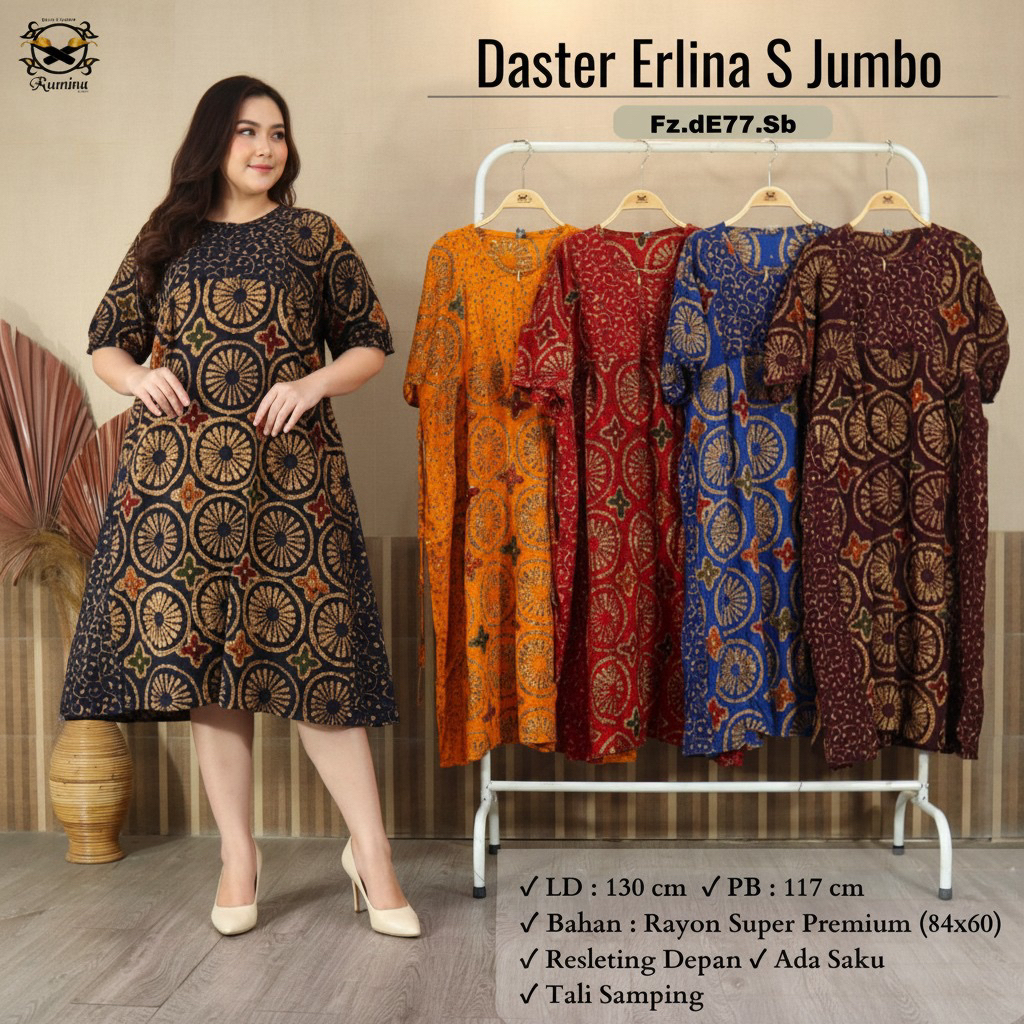 RUMINA (LD 130 PB 117) Daster ERLINA SUPER JUMBO Model Terbaru Original Batik Cap Bahan Rayon Santun