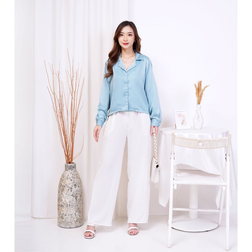 [LAVANYA] Kemeja Blouse Silk Satin Wanita Lengan Panjang - Hitam - Cewek, Top, Casual, Linen