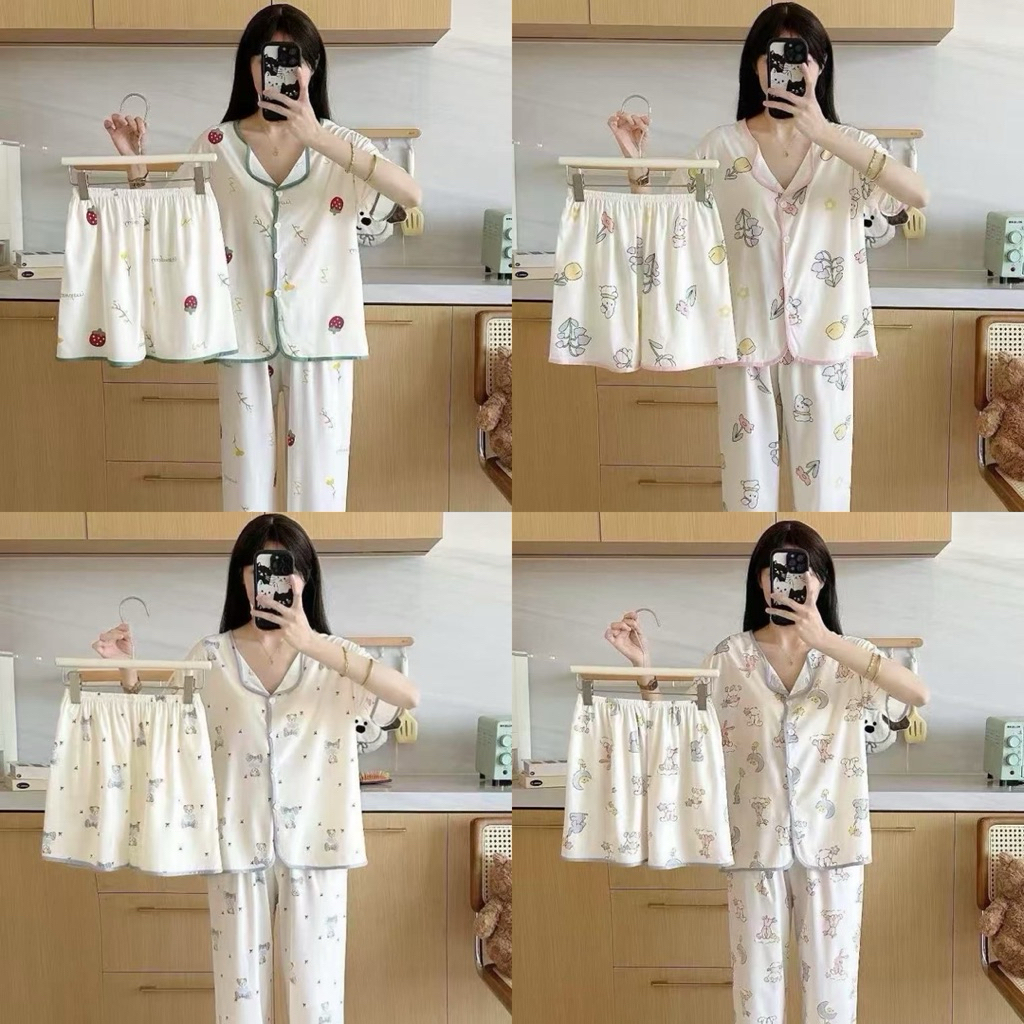 BAJU TIDUR 3 IN 1 WANITA 4202-1 || PIYAMA 3 IN 1 WANITA || BAJU TIDUR CELANA PANJANG || BAJU TIDUR H