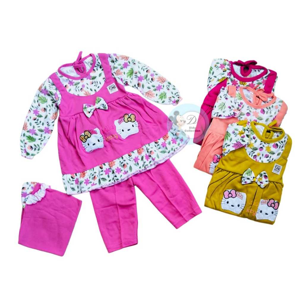 Setelan Baju Muslim Bayi Perempuan Motif Dua Kucing Gamis Bayi 3-18 Bulan Hijab Bayi Muslim