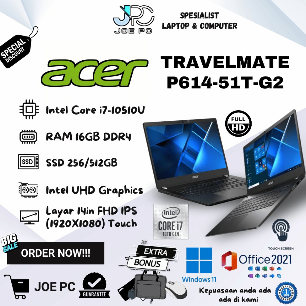 Laptop Acer TravelMate P614-51T-G2 Series Intel Core i7 Gen 10th RAM RAM 16GB SSD 1TB Layar Display 