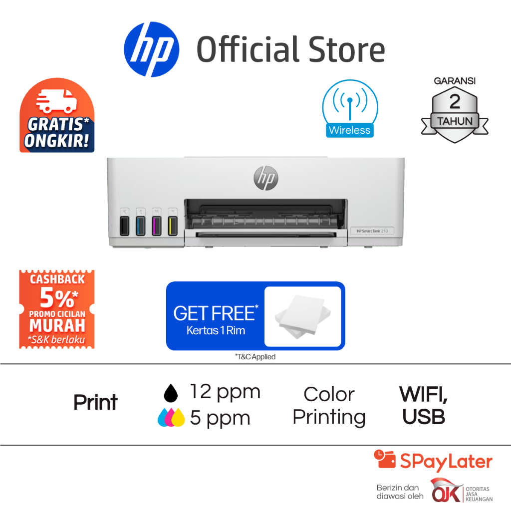 Printer HP Smart Tank 210/215 Print Only Wifi USB Color Colour Warna Garansi 2 Tahun Promo Murah Gra