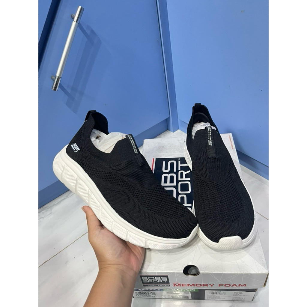 Sepatu Skechers Women hitam mix putih Bobs B Flex On Slip on ukuran 39 sale 70% (117325/BLK)