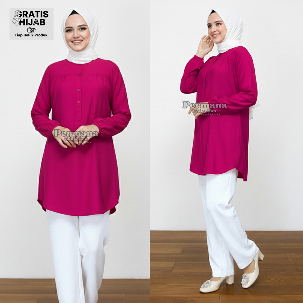Baju Atasan Wanita Blouse Polos Kemeja Muslimah Rayon lengan Panjang Warna Magenta Jumbo Dewasa