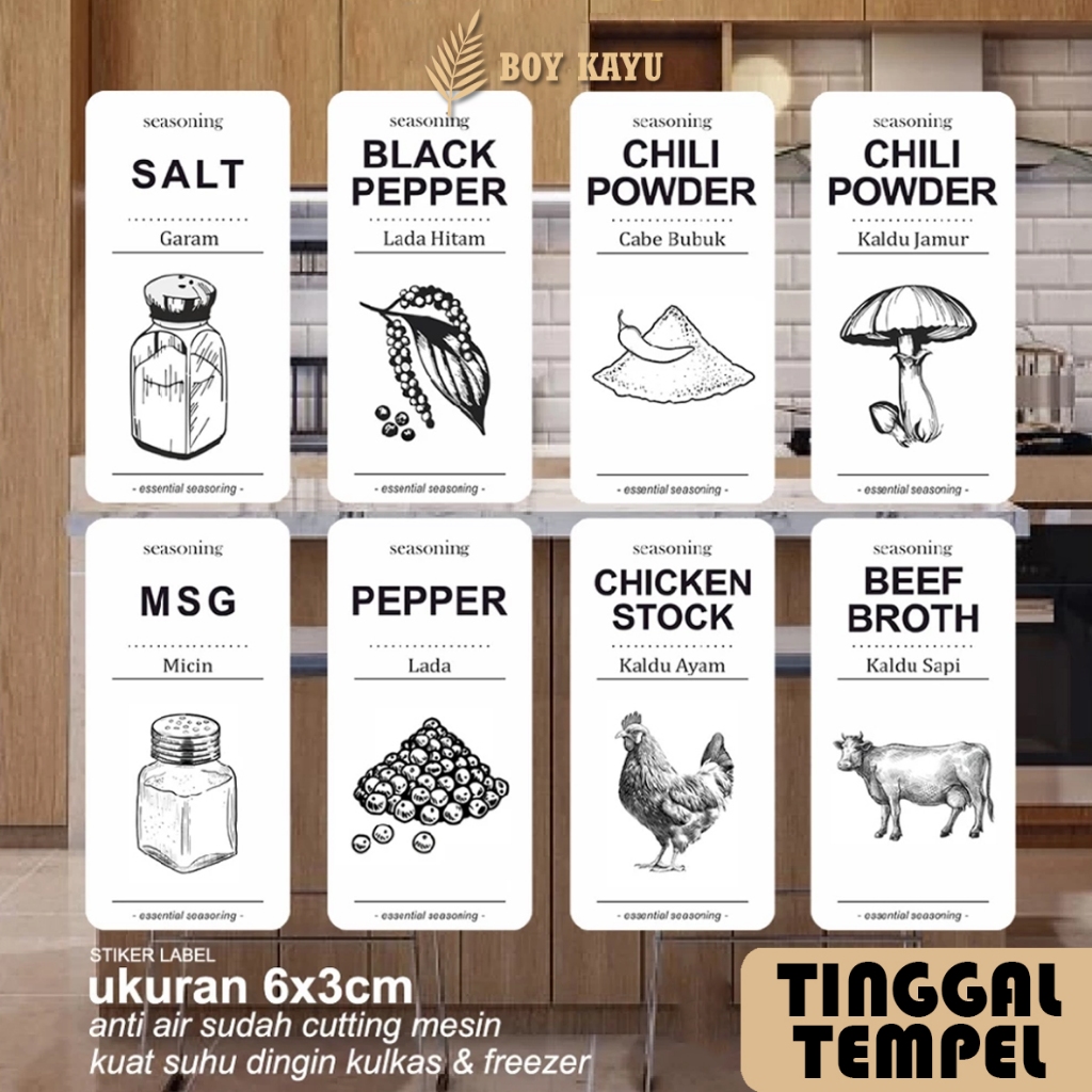 Stiker Label Pantry Tahan Air & Minyak - Stiker Minimalis untuk Wadah Makanan, Bumbu Dapur RI