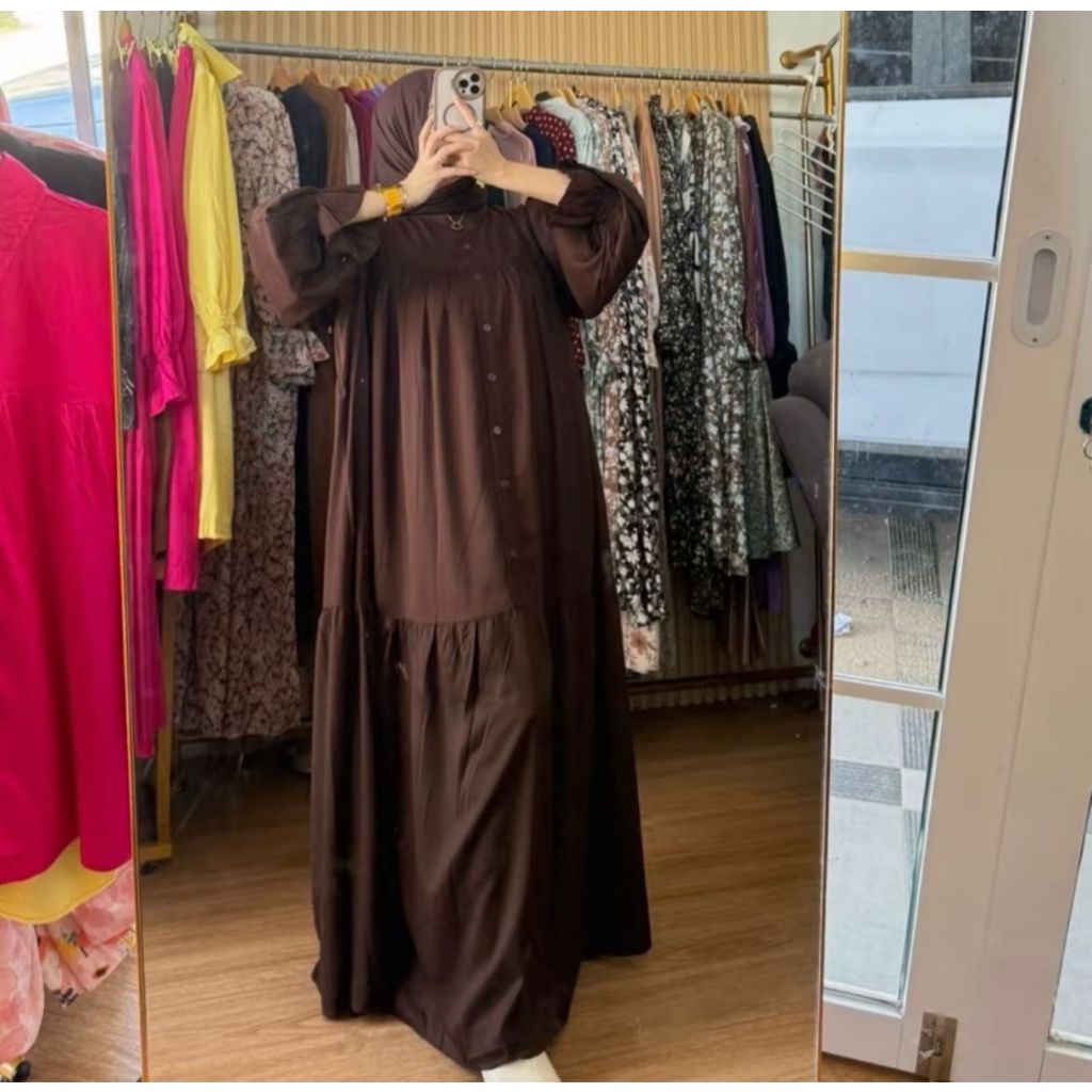 MAHIRA MIDI DRESS LENGAN BALON POLOS LD 120 RAYON TWILL DRESS JUMBO TERBARU