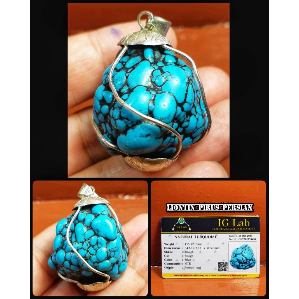 liontin batu pirus jumbo persian asli alami ngerikilan + ring perak