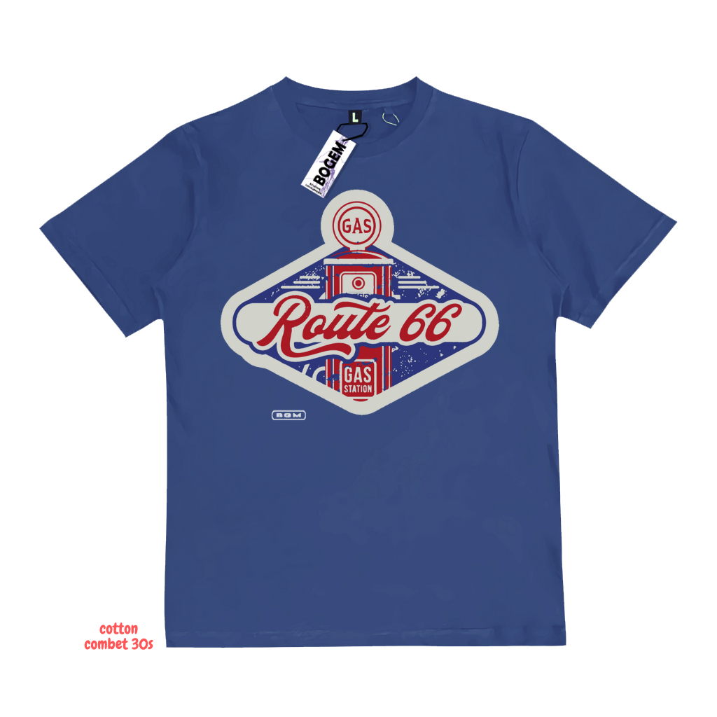 Bgm.co T-shirt Pria Distro Motif Route 66 Warna Denim Katun Combed 30s