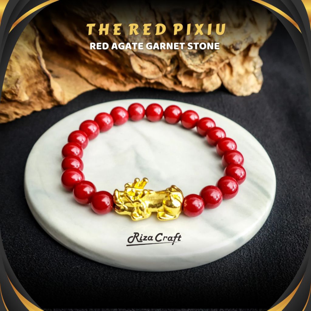 THE RED PIXIU Gelang Pixiu Naga EMAS Aesthetic Asli Batu Alam Kristal Agate Garnet Merah Original Pr