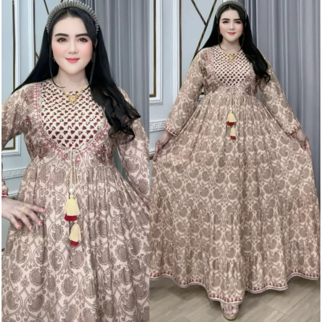 Gamis Wanita Hindi Bordir Nayira Standart Ld 110 & Jumbo Ld 120 Pb±138 Rayon Adem Depan Tali Karet P