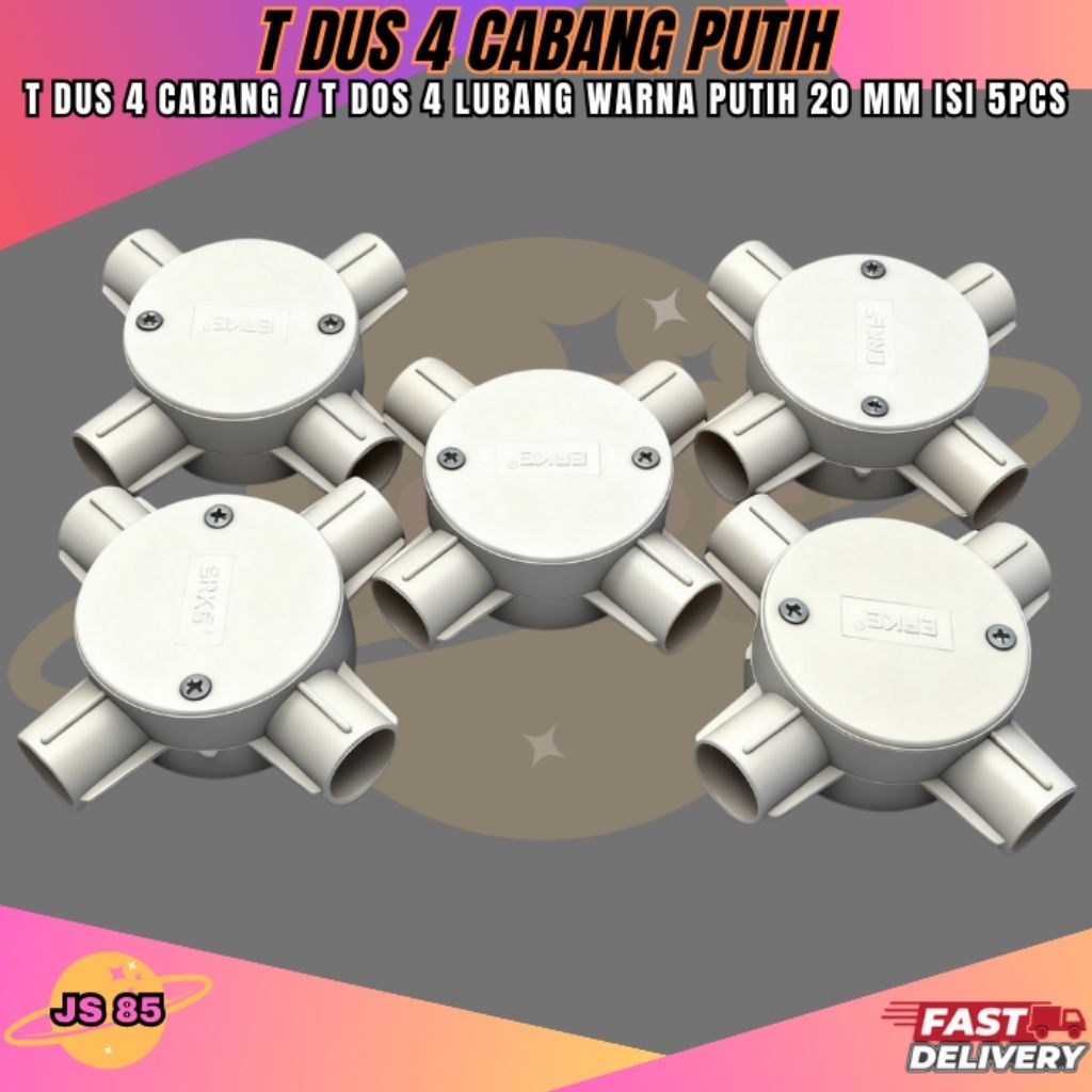 T-DUS 4 Cabang Putih / T-DOS 4 Lubang Warna Putih20mm Isi 5Pcs